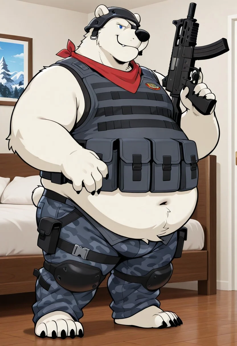 masterpiece, best quality, amazing quality, 1boy, solo, polar bear, bear snout, blue eyes, right eye patch, helmet, claws, male. anthro, male, black pawpads, cartoon style, 2d, overweight male, perfect eyes, (((detailed eyes))), expressive eyes, ((fat, chubby, obese, round belly)), ((excessive obesity)),, bedroom, inside, high quality, detailed, digital art, masterpiece, full body, (gray camouflage pants, gray tactical sleeveless vest, red bandana around the neck, arm wears), big butt, (standing,  dynamic pose, holding assault rifles, front view), vivid color, detailed face, perfect face, masterpiece, absurdres, intricate detail, very aesthetic, ds0d, ((three-quarter view:1.3)),  ((3/4_view))