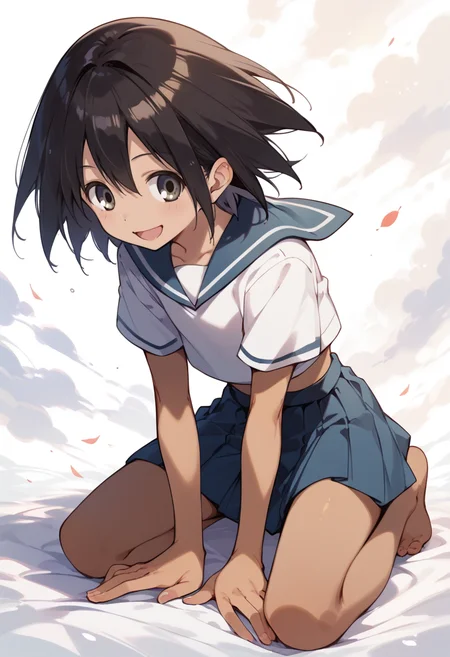 score_9, score_8_up, score_7_up, best quality, masterpiece, source_anime, zPDXL2, BREAK , 1girl, solo,  sekiuchi maria tarou, serafuku, barefoot ,dark skin,  Kneeling and mimicking feeding a little bird ,   <lora:sekiuchi_maria_tarou:1>