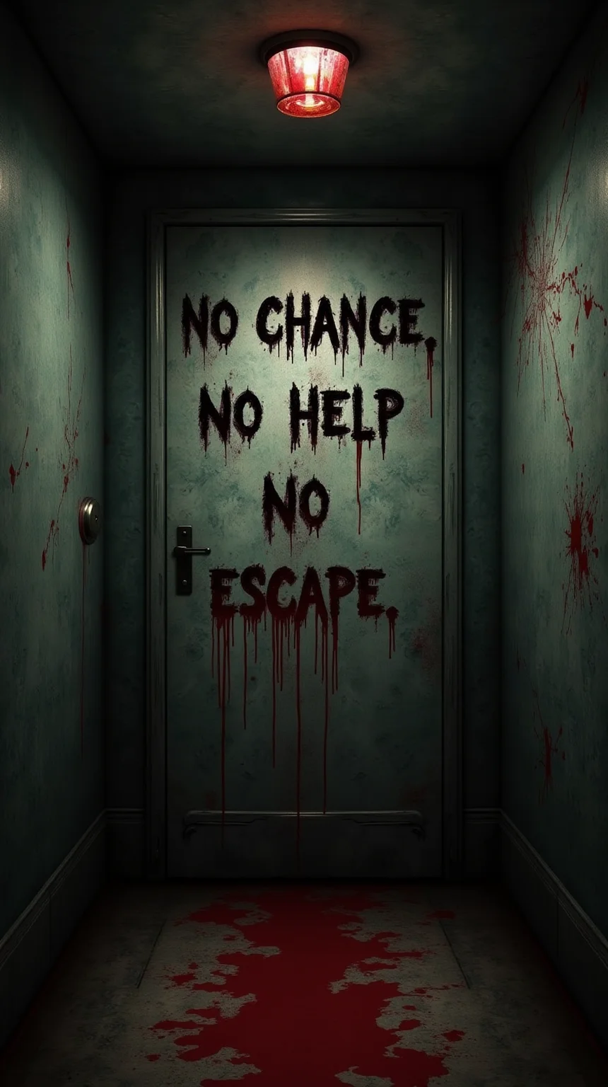 <lora:ddeFX10:0.1>, dd3fx10, On the wall at the dead end is written in a hideous font: "NO CHANCE NO HELP NO ESCAPE", disgusting art with the theme