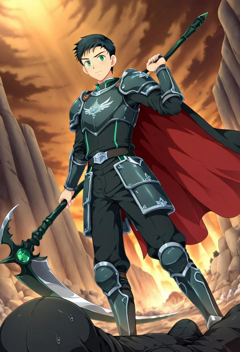 yuto_umemura, black hair, short hair, mint green eyes, 1boy, solo focus, he is dressed in a suit of dark iron platemail, Break, he is holding up a black coloured scythe, Properly holding the scythe, his armour bears a crest of a yellow eagle, fantasy armour, stylized silver eagle emblems and symbols on armour and sheild, Break, epic background is a a beautiful palace, a strong wind is blowing his cape, heavy plate armour, cyan coloured armour