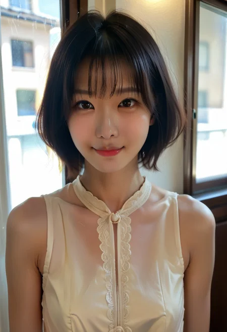 score_9, score_8_up, score_8,
BREAK,1girl,solo,asian face,black hair,brown eyes,short hair,closed mouth,smile,dress,standing,upper body,indoor