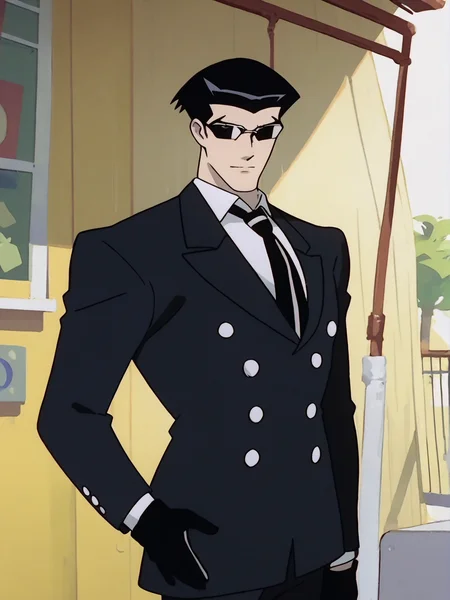 source_anime, score_9, score_8_up, score_7_up, anime screencap, 8k, absurd res, <lora:BigO_PDXLv1 Roger-000035:0.8> solo, 1boy, roger_(the_big_o), black hair, long sleeves, necktie, black gloves, collared shirt, black pants, black jacket, looking at viewer, sunglasses,
