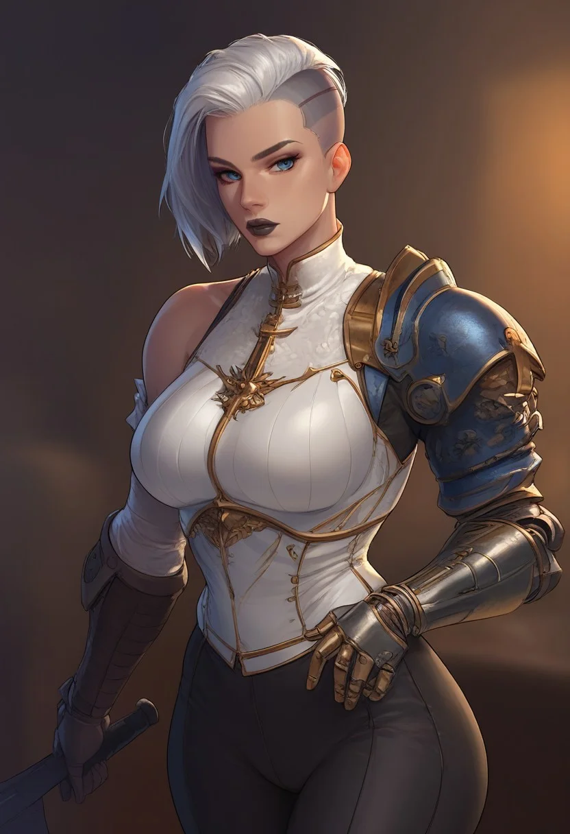 masterpiece,best quality, highly detailed, (tall female:1.2), cowboy shot, score_9, score_8_up, score_7_up, Expressiveh, girl, ((short white hair, undercut, slicked back hair)), dynamic pose, side light, blue eyes, (black lips), ((left mechanical arm)), (beautiful body:1.5), (athletic body:1.5), (beautiful breasts:1.5), physically fit, slender build, tomboy, wide hips, toned female, thick lips, scale armor, breastplate, steel gauntlet, single shoulder armor, single bare shoulder, white vest, black pants, rectangular glasses, unique angle, unique perspective, dramatic angle, tavern background, Rim light,