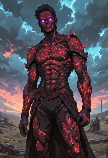 "Under the vast expanse of a desolate plain, a formidable cyberpunk necromancer stands in full command, his figure a chilling fusion of arcane magic and cutting-edge technology. His skin is etched with bioluminescent scarlet runes, glowing ominously with ancient power, while his cybernetic implants, seamlessly integrated into his body, hum with advanced tech. His eyes burn with a dark violet glow, casting an eerie light over the barren landscape. Surrounding him are spectral entities, translucent and ghostly, their forms shifting as they hover in submission to his will. The open plains stretch infinitely, barren yet electric, with distant flashes of lightning and metallic clouds rolling across the horizon. The necromancer's towering presence radiates with raw, destructive energy as he stands ready to command both the living and the dead, blending forbidden sorcery with the cold precision of high-tech implants."