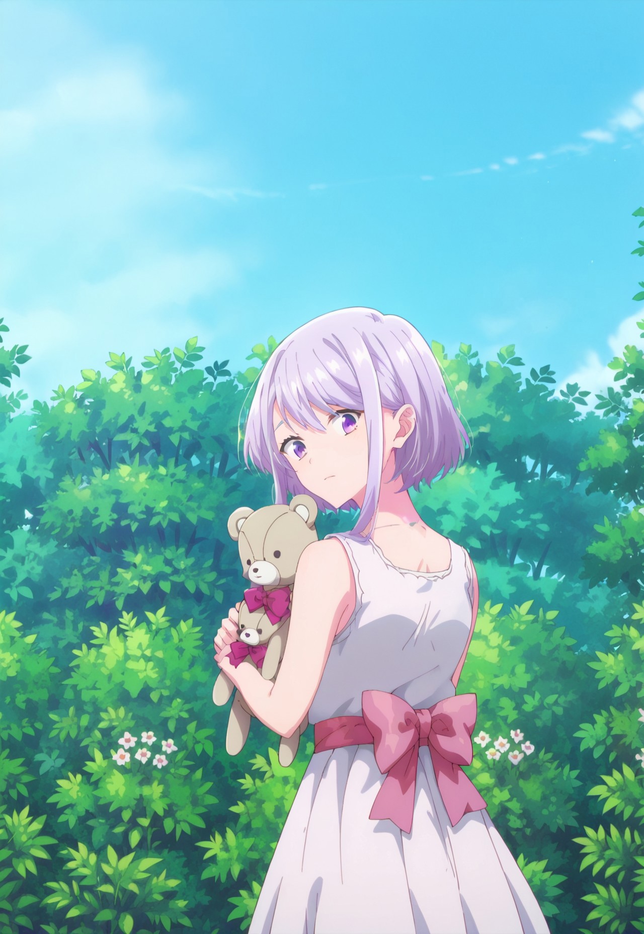  score_9, score_8_up, score_7_up, source_anime, amasawakyou, sleeveless dress, teddy bear, holding stuffed toy, facing viewer, looking back, from behind, bush, bow, sky, music