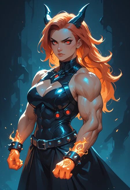 score_9, score_8_up, score_7_up, 
mechanical demon warrior woman, long hair, streaked Hair, red and orange hair, Multicolored Hair, red eyes, horns, blush, serious face, (muscular female:1.6), biceps, fissures in skin, glowing chains, mechanical armor, glowing circuit lines, digital lines, code lines, mechanical gauntlets, flaming hands, cleavage cutout, bare shoulders, mechanical belt, (goth:1.5), cyber goth, glowing spiked choker, red glowing spiked wristbands, action pose, cyberpunk background, hkmagic