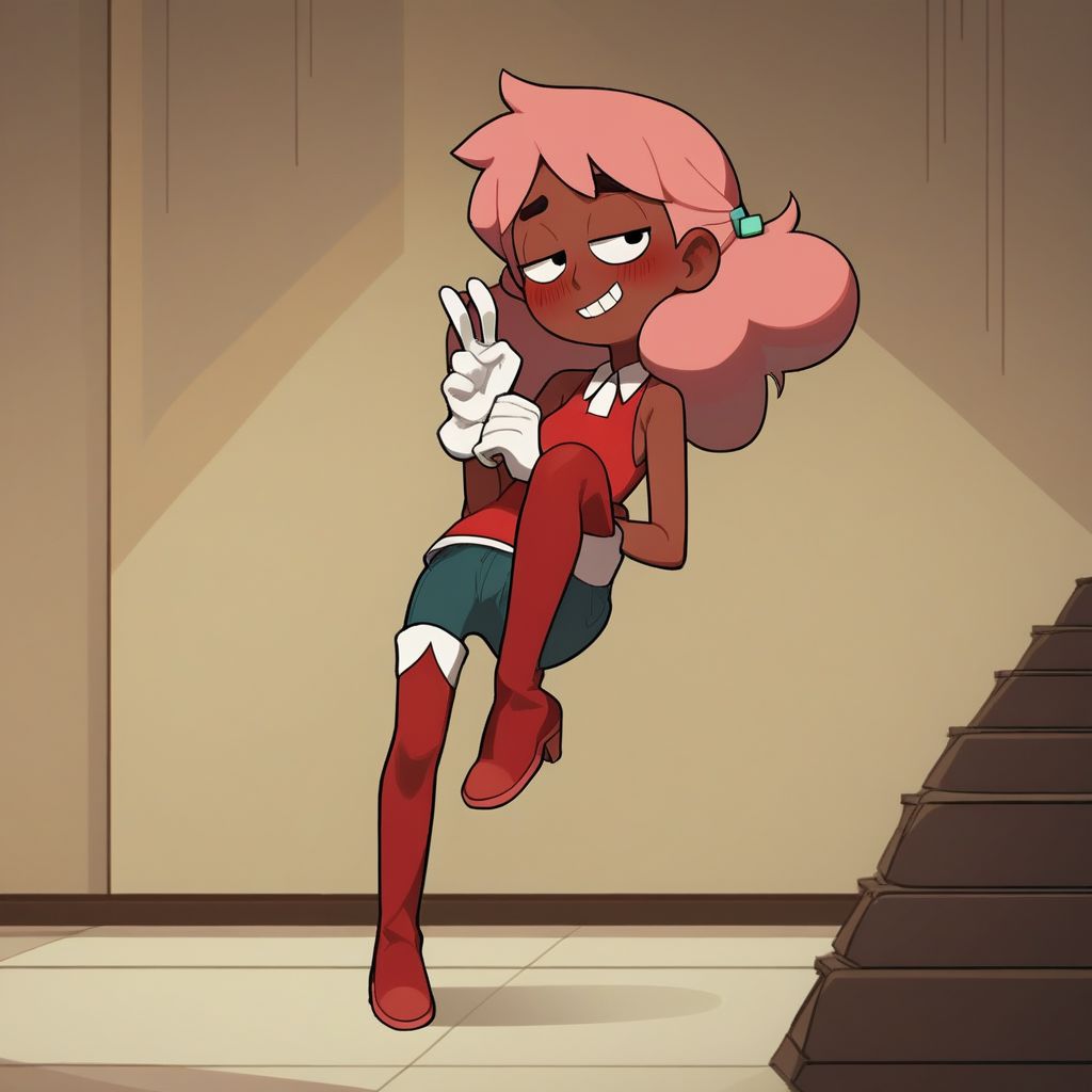 score_9, score_8_up, score_7_up, score_6_up, score_5_up, score_4_up, BREAK, source_anime, connie_maheswaran, indoors, pink hair, small breasts, red boots, white gloves, smile, smug, blush, red top, sleeveless, red miniskirt, peace sign