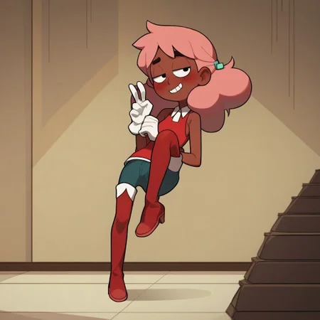 score_9, score_8_up, score_7_up, score_6_up, score_5_up, score_4_up, BREAK, source_anime, connie_maheswaran, indoors, pink hair, small breasts, red boots, white gloves, smile, smug, blush, red top, sleeveless, red miniskirt, peace sign