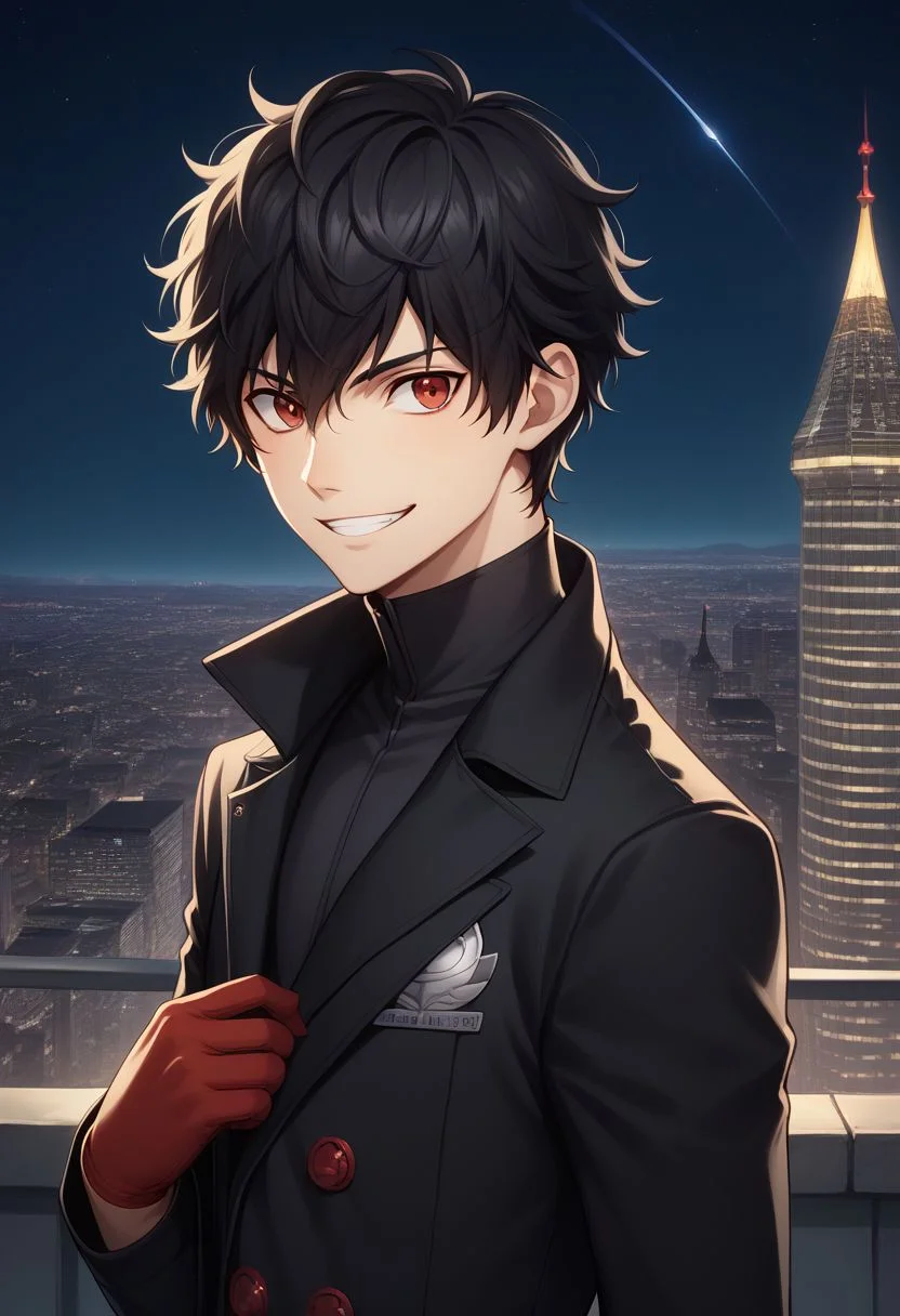 score_9, score_8_up, source_anime, highly detailed, 1boy, solo, male_focus, slender, skinny,
ren, 1boy, black hair, male focus, gloves, red gloves, mask, solo, red eyes, night,
sky, looking at viewer, building, night sky, outdoors, city, black coat, grin, headshot,
outside,