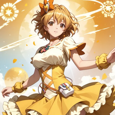 1girl, solo,curepine, short hair, brown eyes,   white dress,large breasts,yellow skirt
cowboy shot
score_9, score_8_up, score_7_up,  masterpiece, best quality,  source_anime,  uncensored, detailed background,