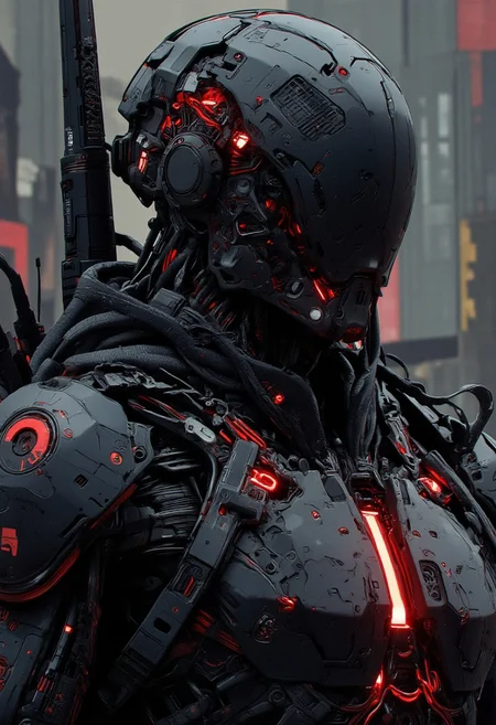 nistyle , Silhouette Art, magnificent, closeup portrait of asian female cyberpunk samurai, helmet with mirrored visor, hyperdetailed helmet, flowing black hair, reflective black and neon red armor, a katana strapped to her back, abstract background suggesting eastern temple