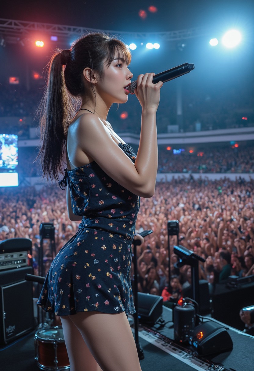 aidmafluxpro1.1, in the style of Jed-clrfl,  
highly detailed 8K image, beautiful Korean girl, Korean idol face, a masterpiece photo of a Korean four-member female rock band singing fiercely on a stage in a luxurious outdoor concert hall, all of whom have incredibly beautiful appearances. They wear girlish clothes, but their songs are dark hardcore metal. The female vocalist of the band holds a microphone and sings fiercely, the female drummer plays the drums beautifully at the back, the female bassist shows off a solid performance, and the female electric guitarist shows off her skills. The concert hall on a hot summer night is filled with the audience, and everyone seems absorbed in the music.