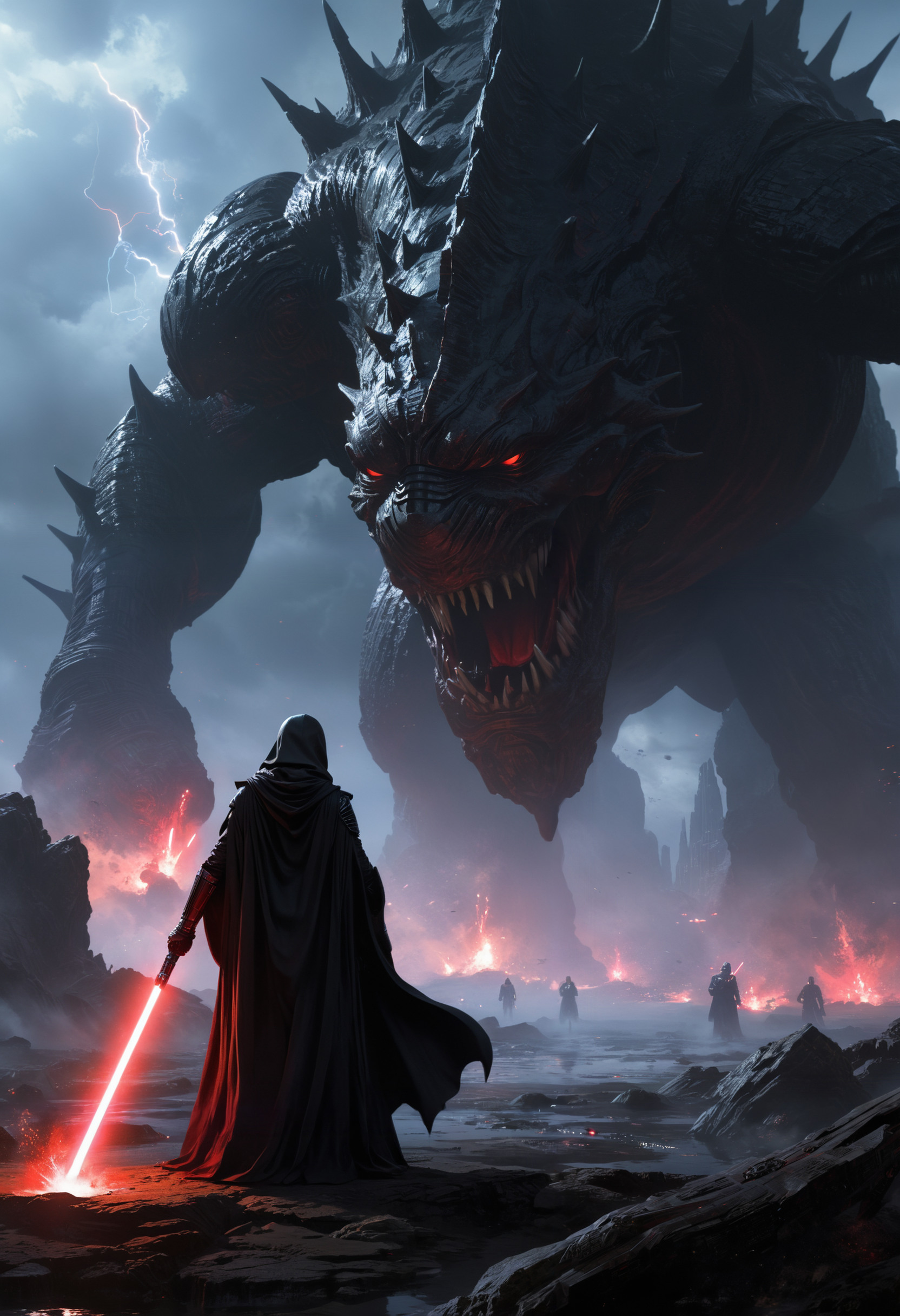 highly detailed and hyper realistic, hyper realistic and highly detailed, ultra intricate details, highly dynamic low angle cinematic full shot, a female Sith fighter dressed in black floating robes and holding a red lightsaber, she is facing a towering goliath colossal otherworldly monster leviathan, epic scale, a dynamic Star Wars battle, from below angle, extremely dangerous and menacing fight, limited dark colors, atmospheric haze, motion blur, depth of field, cinematic, in the style of Star Wars
<lora:xl_more_art-full_v1:0.5> <lora:add-detail-xl:1>