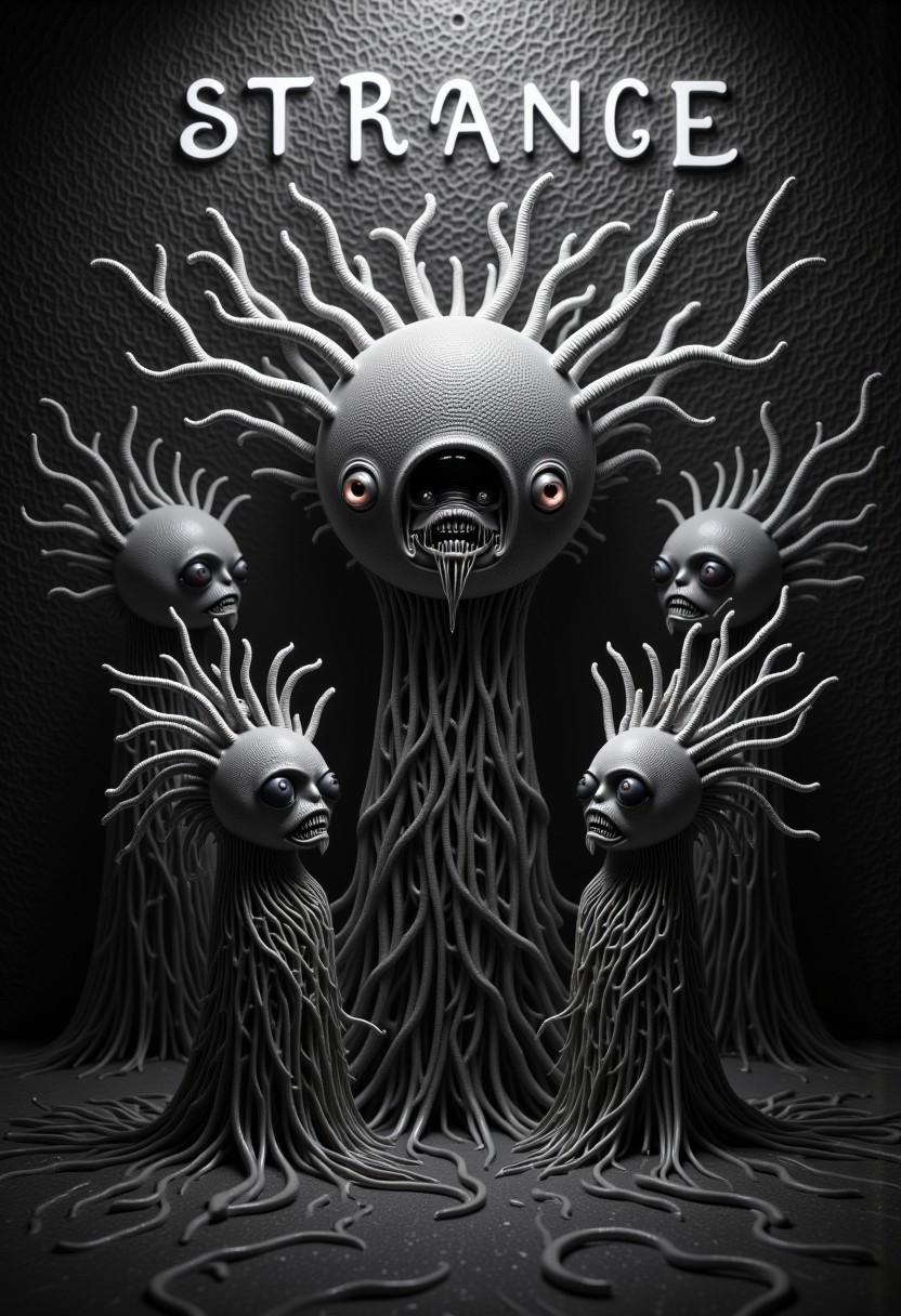 A dark, surreal gathering of strange little creatures, each entirely composed of tangled, twisting, organic tendrils or worm-like structures. Their faces are formed from warped clusters of strands, with hollow eyes, twisted mouths filled with tightly packed teeth, and vague, unsettling contours resembling human features. The tendrils from their heads extend outward like chaotic hair or radiating energy, giving each creature an eerie, flickering aura. Their necks and bodies are similarly made of dense, intertwining filaments that seem to grow directly from the environment around them. They blend seamlessly into the textured, organic backdrop, which resembles a mass of neural or microscopic biological patterns. The creatures stand, hover, or crawl in unnatural poses, evoking a sense of hive intelligence or ritualistic presence. The lighting is soft yet dramatic, casting deep shadows that emphasize the writhing complexity of their forms. The entire scene is rendered in a monochromatic or grayscale palette, amplifying the grotesque, alien, and biomechanical horror atmosphere. These beings appear grown rather than born — a manifestation of some forgotten or forbidden intelligence.
biomechanical, surreal horror, monochrome palette, dark sci-fi, Giger-inspired, organic shapes, neural patterns, hive mind, unsettling mood, alien species, Lovecraftian collective.
write "Strange" on top of the picture