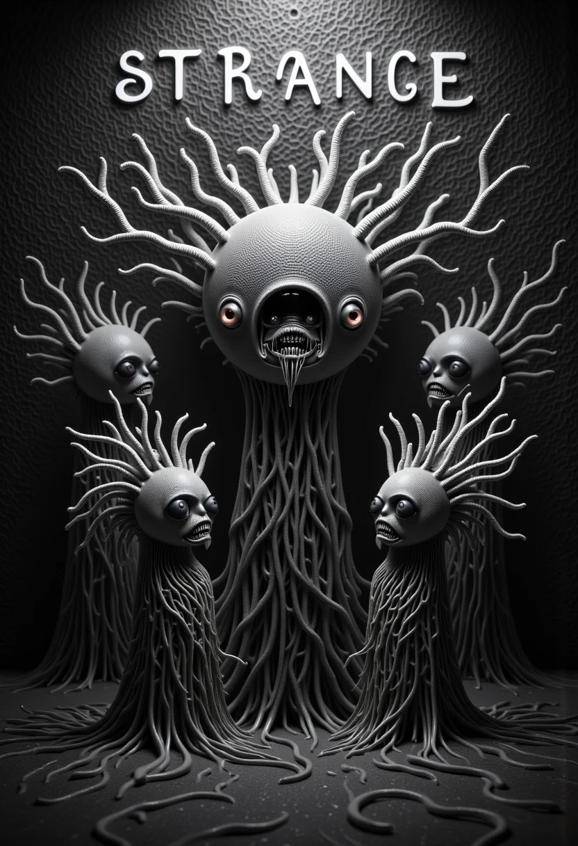 A dark, surreal gathering of strange little creatures, each entirely composed of tangled, twisting, organic tendrils or worm-like structures. Their faces are formed from warped clusters of strands, with hollow eyes, twisted mouths filled with tightly packed teeth, and vague, unsettling contours resembling human features. The tendrils from their heads extend outward like chaotic hair or radiating energy, giving each creature an eerie, flickering aura. Their necks and bodies are similarly made of dense, intertwining filaments that seem to grow directly from the environment around them. They blend seamlessly into the textured, organic backdrop, which resembles a mass of neural or microscopic biological patterns. The creatures stand, hover, or crawl in unnatural poses, evoking a sense of hive intelligence or ritualistic presence. The lighting is soft yet dramatic, casting deep shadows that emphasize the writhing complexity of their forms. The entire scene is rendered in a monochromatic or grayscale palette, amplifying the grotesque, alien, and biomechanical horror atmosphere. These beings appear grown rather than born — a manifestation of some forgotten or forbidden intelligence.
biomechanical, surreal horror, monochrome palette, dark sci-fi, Giger-inspired, organic shapes, neural patterns, hive mind, unsettling mood, alien species, Lovecraftian collective.
write "Strange" on top of the picture