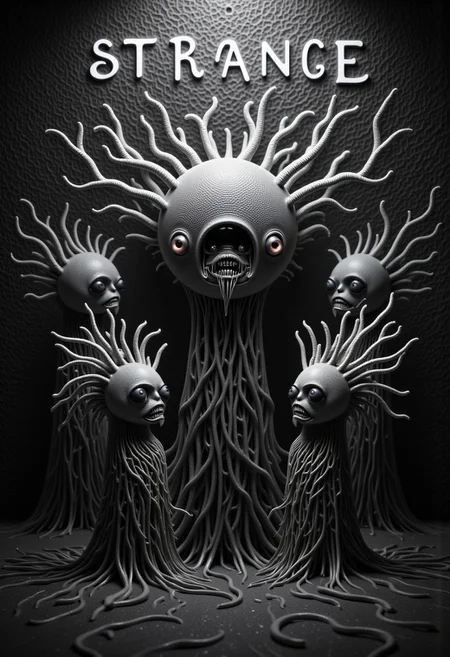 A dark, surreal gathering of strange little creatures, each entirely composed of tangled, twisting, organic tendrils or worm-like structures. Their faces are formed from warped clusters of strands, with hollow eyes, twisted mouths filled with tightly packed teeth, and vague, unsettling contours resembling human features. The tendrils from their heads extend outward like chaotic hair or radiating energy, giving each creature an eerie, flickering aura. Their necks and bodies are similarly made of dense, intertwining filaments that seem to grow directly from the environment around them. They blend seamlessly into the textured, organic backdrop, which resembles a mass of neural or microscopic biological patterns. The creatures stand, hover, or crawl in unnatural poses, evoking a sense of hive intelligence or ritualistic presence. The lighting is soft yet dramatic, casting deep shadows that emphasize the writhing complexity of their forms. The entire scene is rendered in a monochromatic or grayscale palette, amplifying the grotesque, alien, and biomechanical horror atmosphere. These beings appear grown rather than born — a manifestation of some forgotten or forbidden intelligence.
biomechanical, surreal horror, monochrome palette, dark sci-fi, Giger-inspired, organic shapes, neural patterns, hive mind, unsettling mood, alien species, Lovecraftian collective.
write "Strange" on top of the picture