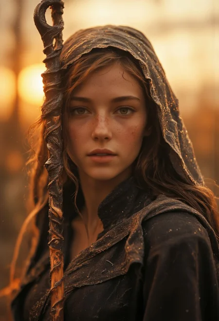 cinematic Closeup movie still-shot,  Create an action scene featuring a halfling wizard Female and Long hair in a broad outworn hooded cape shading her eyes, standing in the midst of an DARK desert forest. She is executing a powerful spell with her Long orb-staff with a translucent Amber Sphere head that carves a furrow through the sand and enemies on the ground, scattering them away or disintegrating them with the force of the blow. The focus is on the intricate designed luminous orb-staff capturing the dynamic speed of the Magic force. Pressure Wave, floating particles, the Closeup of her face silhouette visible against the backdrop of the setting sun, which shines through parts of her metallic body. Her billowing Linen cape adding to the dramatic effect. The scene is vibrant with atmospheric lighting and cinematic composition. Super Face Closeup