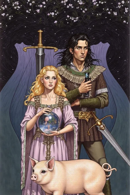 jole1 illustration.
A young man, a young woman and a pig in a mystical forest setting. On the left, a woman with long, curly blonde hair and fair skin is dressed in a flowing, light lavender dress with a medieval-inspired design, adorned with intricate patterns. She is holding a sphere in her hand. On the right is a young man with long dark hair and a serious expression. He is holding a sword and glancing sideway.
 <lora:jole1_cap_d6a3e12:1.0><lora:825852972136235184:0>