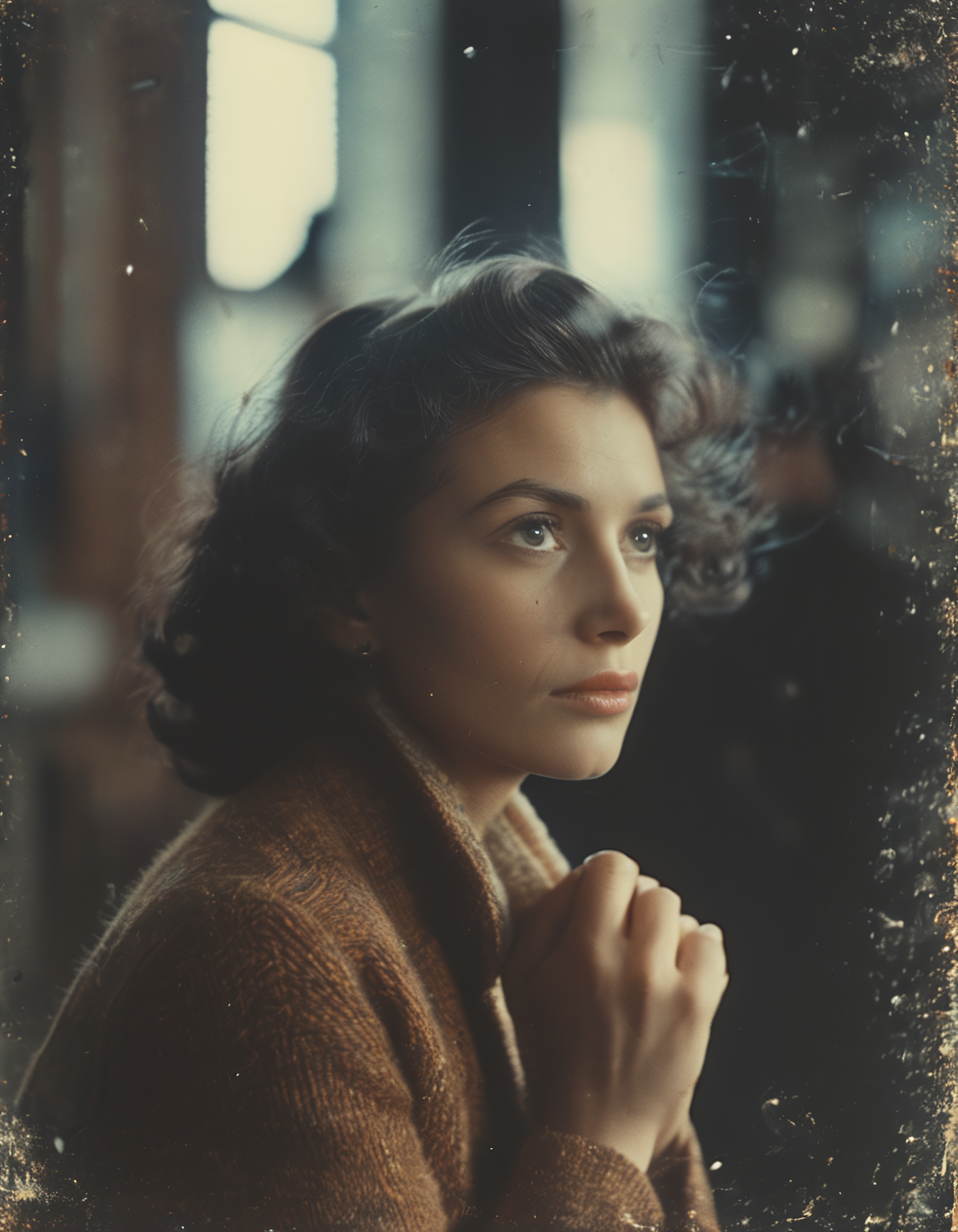 35mm vintage portrait photo of an elderly woman praying in a church, bokeh, 4k, uhd, masterpiece
