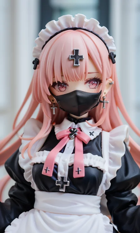 1girl, solo, cross earrings, cross, jewelry, earrings, long hair, blush, ear piercing, bangs, sleeves past wrists, mask, piercing, maid, maid headdress, looking at viewer, upper body, sleeves past fingers, mouth mask, long sleeves, pink eyes, frills, apron, latin cross, , score_9,score_8_up,score_7_up,source_anime,photo background,the real background,
