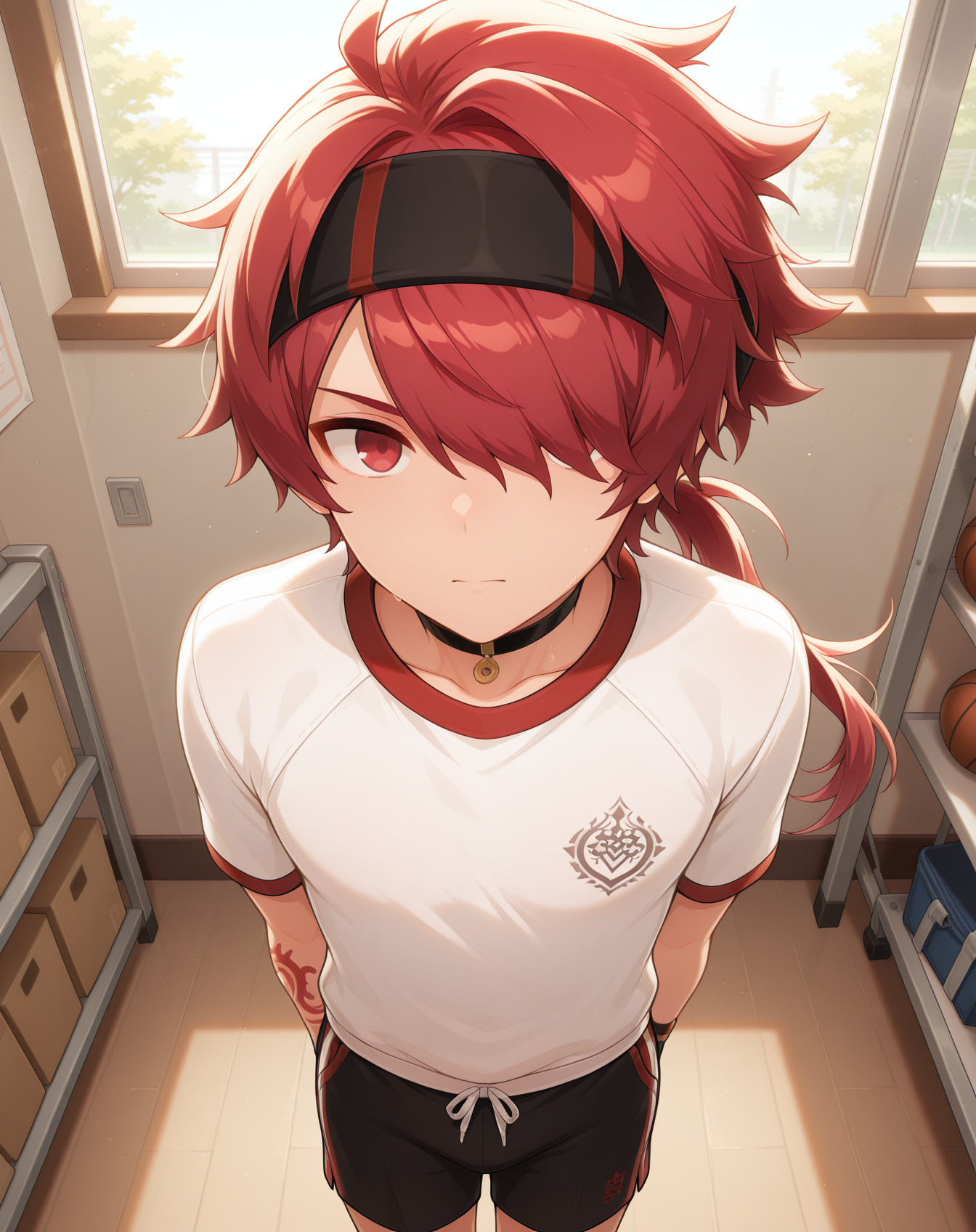 masterpiece,best quality,amazing quality, newest, very aesthetic, absurdres,
1boy, solo, yaoi, male focus, looking at viewer, cowboy shot, standing,
<lora:Elsword_Rune_Master_ilxl:1> elswordrm, red hair, long hair, tattoo,red eyes, ponytail, headband, hair over one eye, hairband,
gym uniform, gym shorts, gym shirt,
indoors, gym,