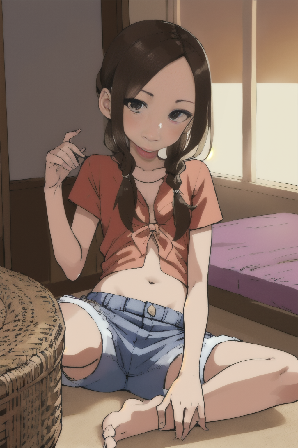 Gujaratis (India) 40 years old woman Brown Braided Bun, in the Living room, Lying on side with head propped up on hand, Denim shorts with a button-up shirt, EdobSouichirouYamamotoArtStyle  <lora:EdobSouichirouYamamotoArtStyle_v1.0:0.8>