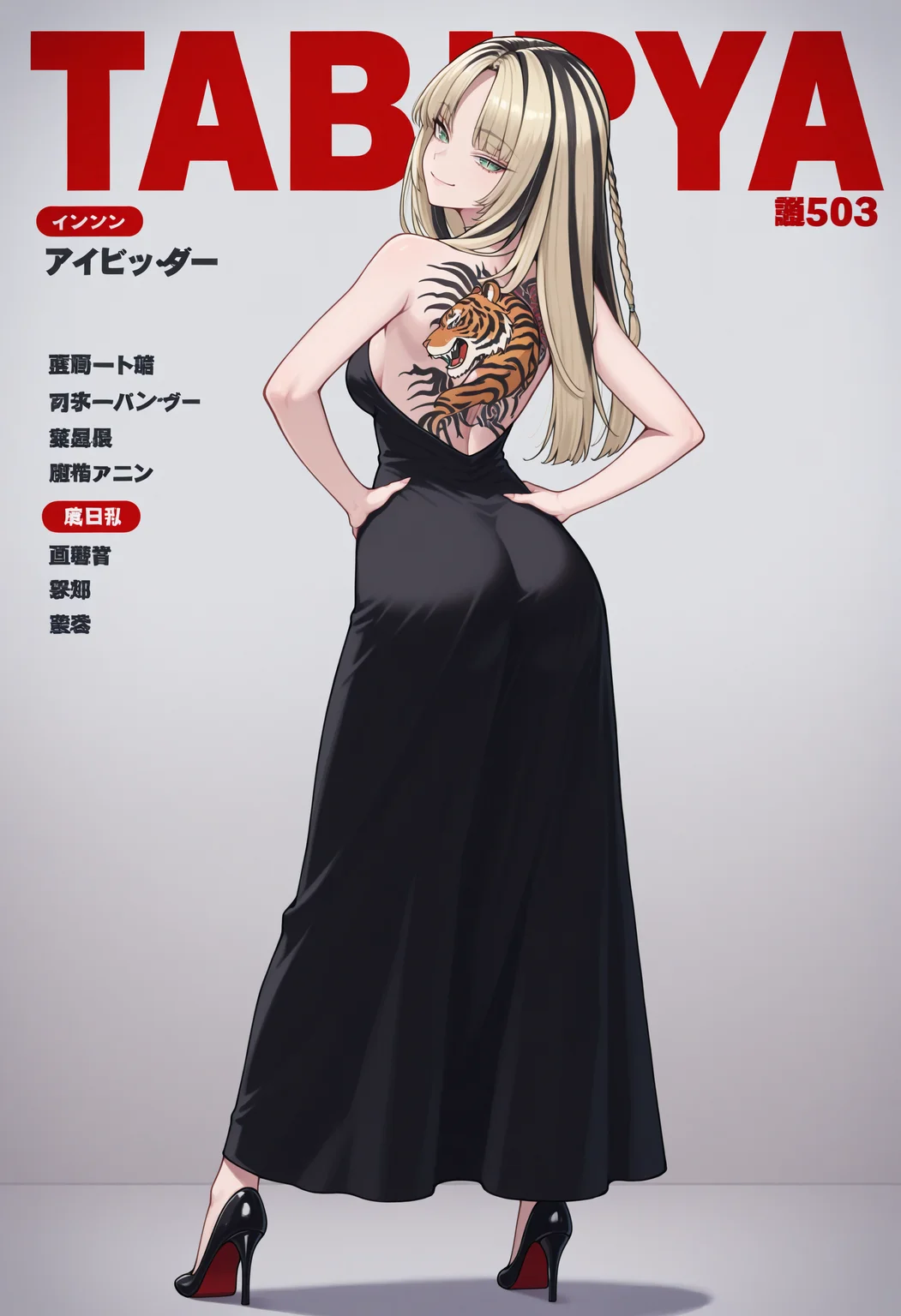 masterpiece, best quality, 1girl, solo, KoganeiNiko, green eyes, slit pupils, multicolored hair, blonde hair, black hair, long hair, side braid, black dress, backless dress, yakuza, back tattoo, tiger tattoo, high heels, hand on hip, from behind, looking back, head tilt, smile, magazine cover, text, pose, dynamic pose, photo shoot, <lora:ChamKoganeiNikoIllustriousXL:1>