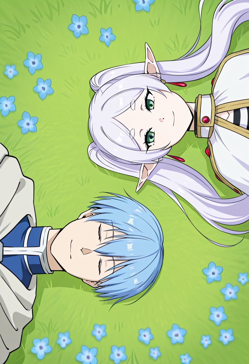 masterpiece, high quality, absurdres, lying parallel, lying, rotational symmetry, 1boy, 1girl, on grass, blue flower, flower field, 
BREAK
frieren, closed mouth, smile, looking at another, head tilt, 
BREAK
himmel \(sousou no frieren\), closed mouth, smile, closed eyes, 
 <lora:Lying_parallel:1>