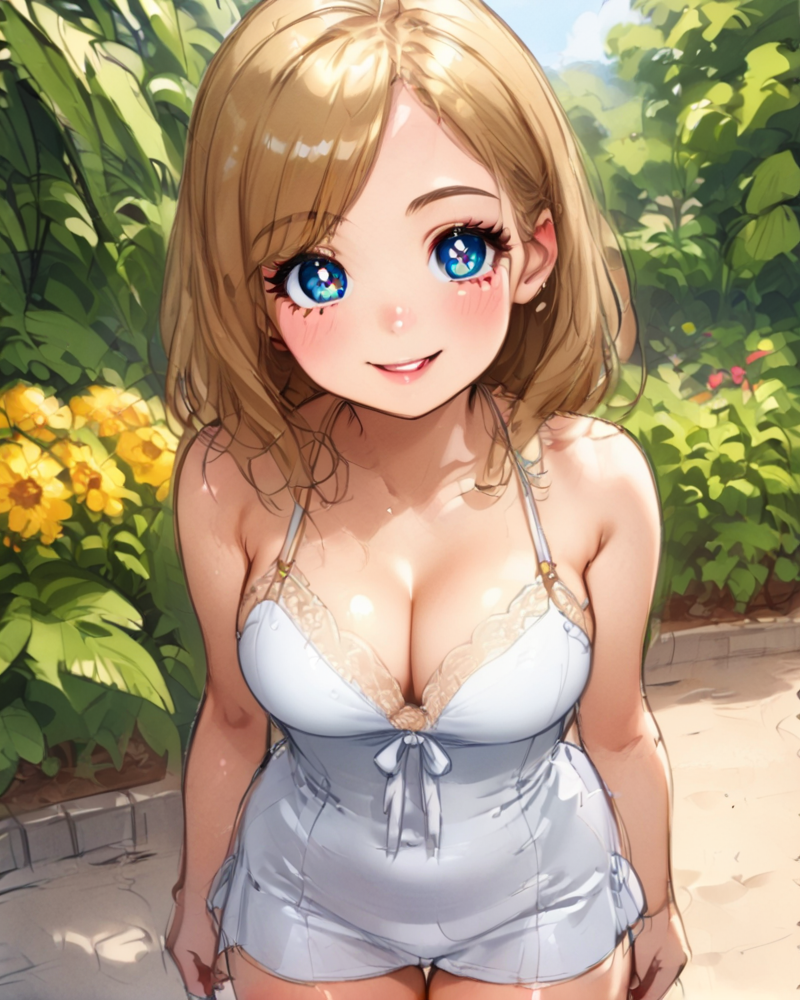 white dress, summer, blushing, smile, thighs <lora:Danon_style_FORPONY:1>