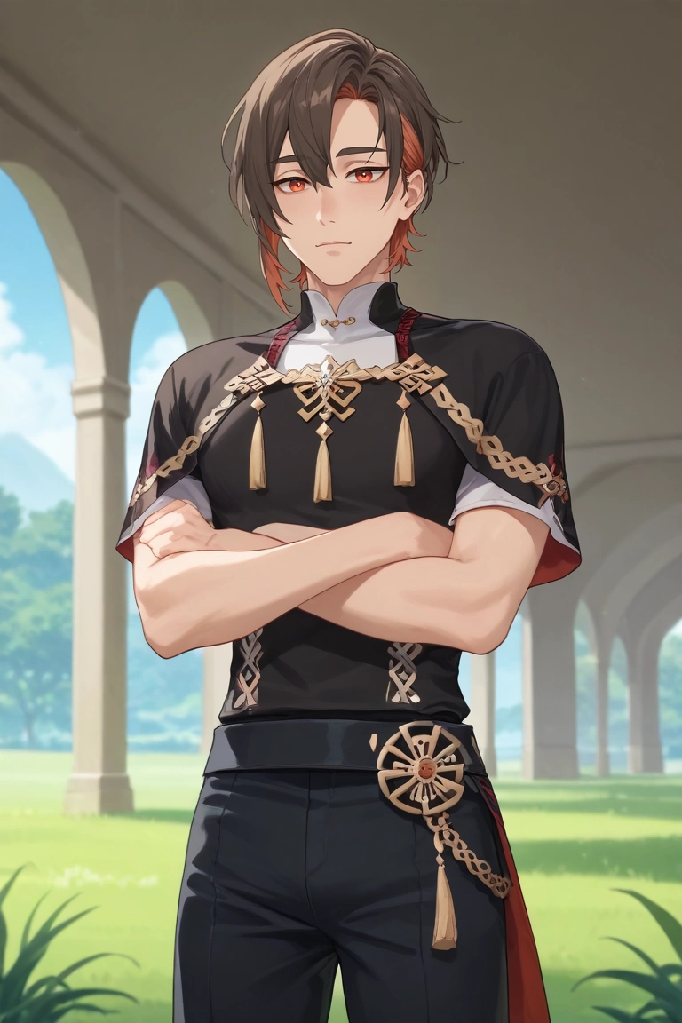 score_9, score_8_up, score_7_up, , rating_safe, , , looking at viewer, depth of field, 1boy, solo, male focus, <lora:yakumo_nu_carnival_pony:1>, yakumo_nu_carnival, brown hair, red eyes, short hair, multicolored hair, two-tone hair, red hair, wide angle, wide shot, cowboy shot, grass, tree, indoors, arms under breasts, :o, , <lora:sdxl_lightning_8step_lora:1>