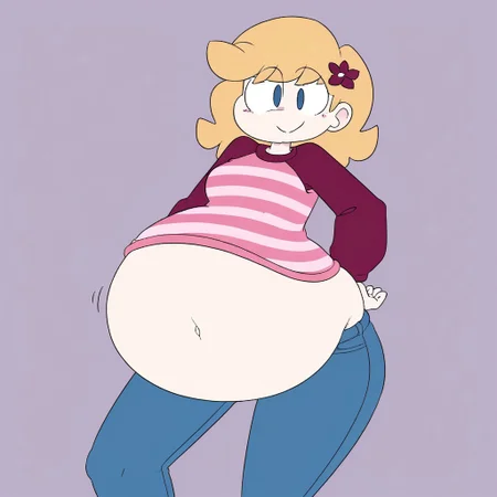 HappyLikeAWall, 1girl, black eyes, single hairflower, closed mouth, blue eyes, blonde hair, pink striped shirt, jeans, gigantic belly,