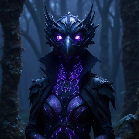 A hyper-realistic photo of a humanoid figure wearing a cybernetic raven-themed helmet, blending matte black metal with iridescent synthetic feathers. The helmet features glowing violet lenses resembling a raven’s piercing eyes, with a sharp chrome beak. The figure is cloaked in a shadowy, rune-etched garment, woven with luminescent threads that pulse with a dark purple hue. Beneath the garment, visible on the figure’s neck and hands, are circuit-like tattoos that pulse with electric blue energy, seamlessly integrating with the high-tech design. The background of the photo is a dark, misty forest at night, with towering, twisted trees and bioluminescent plants casting an eerie light. The figure stands as a sentinel, exuding an aura of dark wisdom and arcane power, in a world where technology meets ancient magic,aiai-3v4