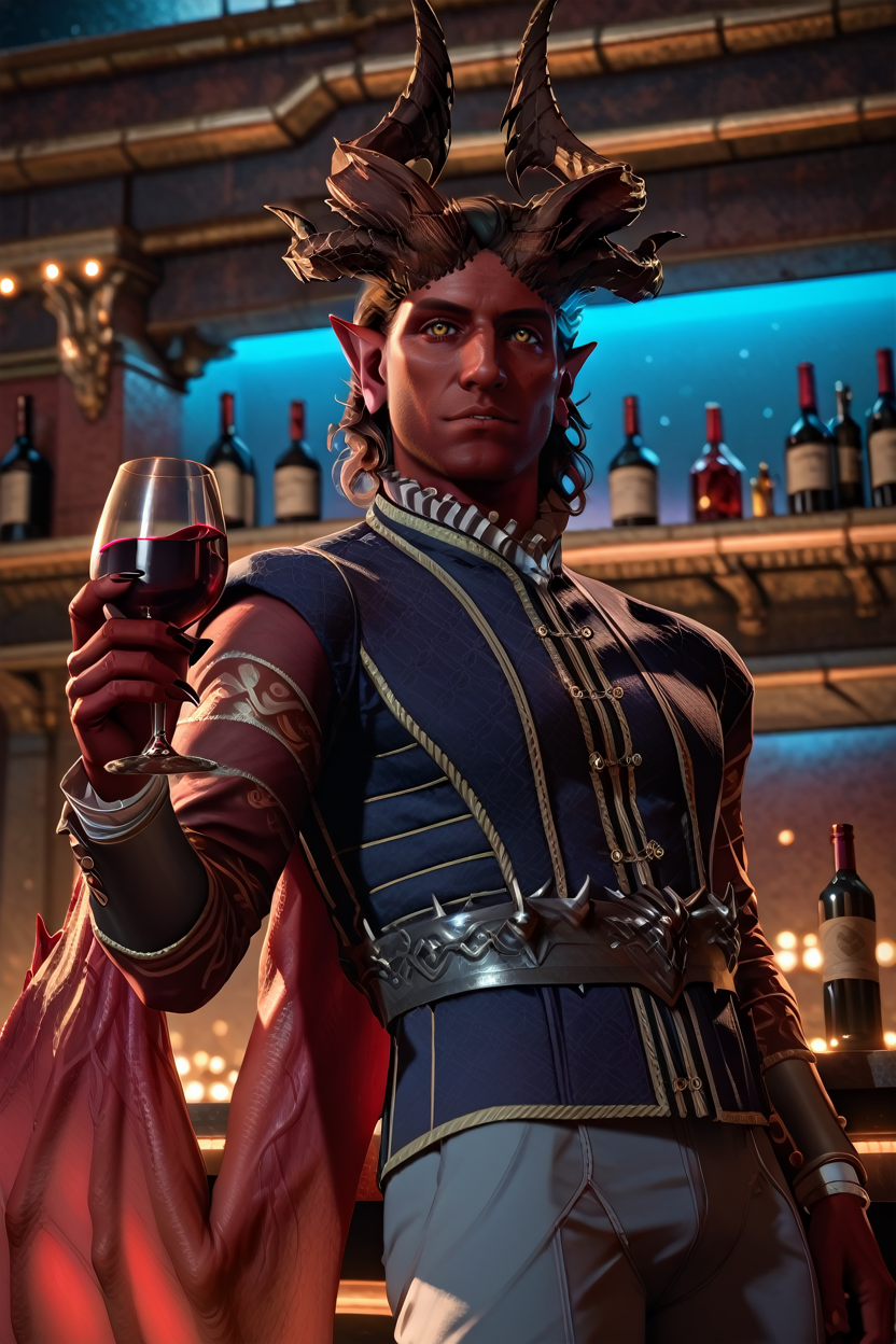 score_9, score_8_up, score_7_up, score_6_up
<lora:BGRaphaelC:1.0>
BGRaphaelC, 1boy, demon horns, pointy ears, yellow eyes, red skin, colored scalea, looking at viewer, at an upscale rooftop bar, wearing a tailored blazer, city lights twinkling below, holding a glass of wine, sophisticated and urban atmosphere