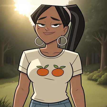 score_9, score_8, BREAK, solo, black hair, black eyes, lips, food print shirt, white shirt, short sleeves, blue pants, hoop earrings, dark skin, ponytail, mole under eye, big breasts, Total Drama, Leshawna_(Total_Drama), sexy pose, smile, outdoors, sunlight, shadows, evening lighting, natural lighting, forest, trees, grass, orange sky, sunset