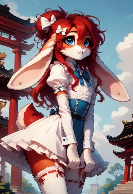 score_9, score_8_up, score_7_up, 
Huggles, 1boy, solo, furry male, rabbit boy, rabbit ears, rabbit tail, red hair, long hair, blue eyes, jyojifuku, dress, frills, ribbon, hair bow, thighhighs, MegaFluffyPony, furry, fluffy,
highly detailed, intricate, zzCitronCAT, outdoors, temple, pagoda