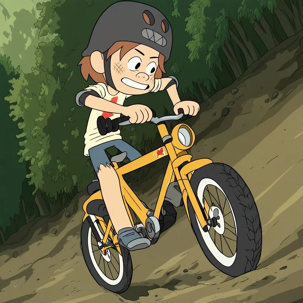 score_9, solo, handlebarb, brown hair, short hair, helmet,
Riding her bicycle down the Hill, dirty road