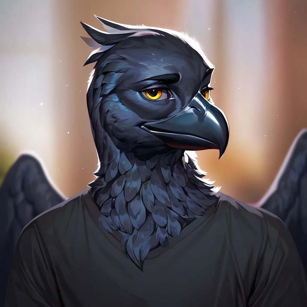 (((beautiful, high quality))), upper Body, score_9, score_8_up, score_7_up,
Aarakocra, furry bird, wings, 1boy, male focus, black feathers, yellow eyes, black shirt,
looking at the viewer, posing, blurred background,