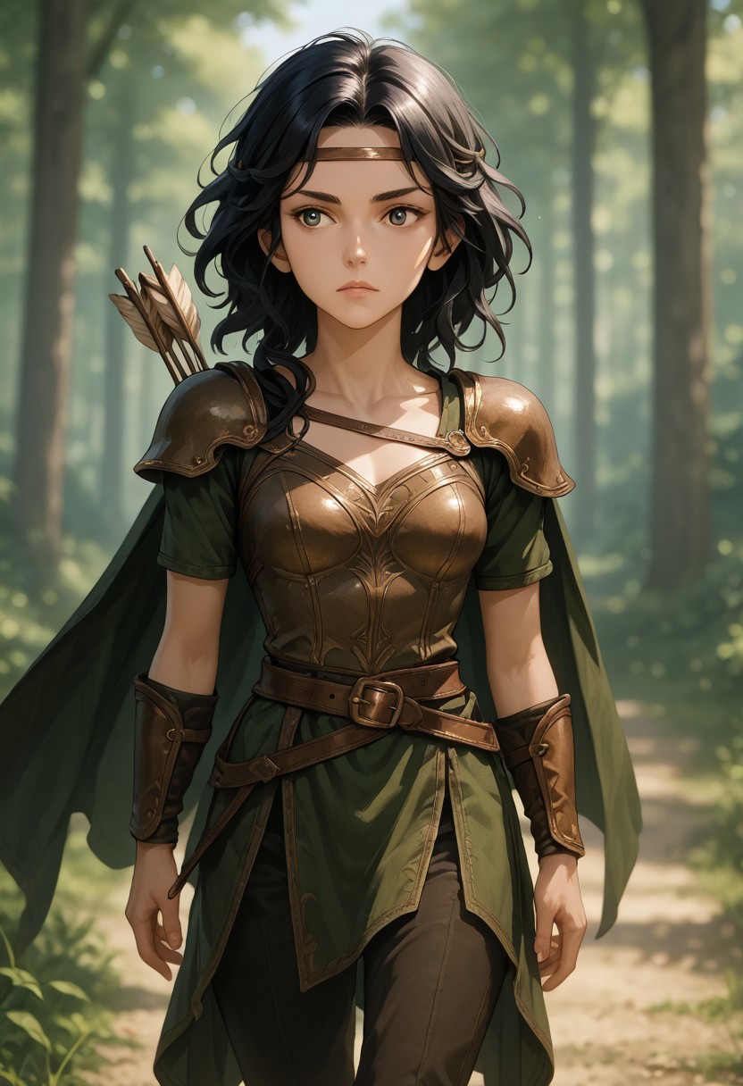 (((score_9, score_8_up, score_7_up, walking, pretty, beautiful)))
, 
((( masterpiece, complicated shadows, high quality shadows, midday lighting)))
,
((( Mephalamb2, black hair, Quiver, arrow (projectile), armor, breasts, Shoulder armor, Shoulder armor, cape, belt, )))
,
((( 1girl, solo )))
,
((( Blurred background)))
,
((( Wood, outdoors ))) 
,
((( )))
,
((( )))