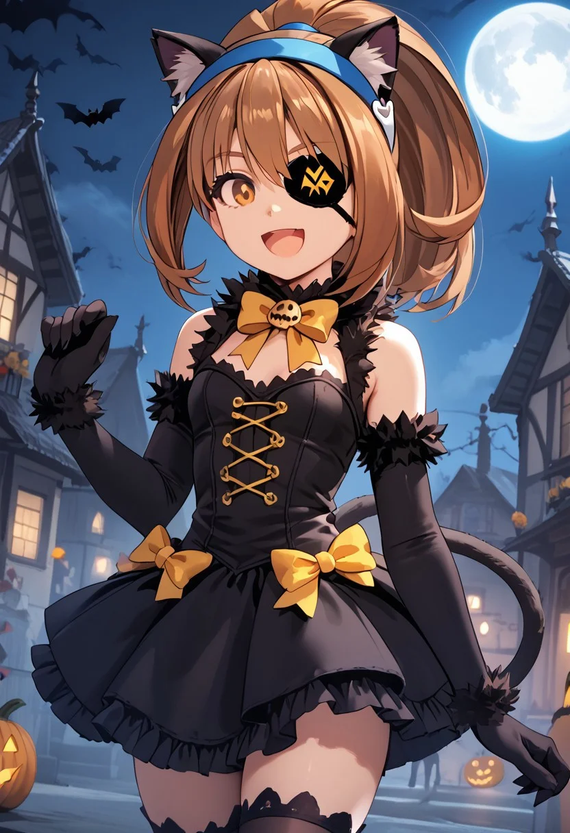 score_4,score_5,score_6,score_7_up,score_8_up,score_9 ((masterpiece,best quality,ultra detailed,highres,HD,4k:1.2)),
1girl,solo,girl focus,solo focus,
Kohaku,brown hair, orange eyes, ponytail, sidelocks, hair band, blue hairband,
Halloween, Halloween costume, black cat costume, black cat tail, bare shoulders, black elbow gloves, sleeveless dress, ((yellow ribbon,yellow bow)),black dress, black knee-highs,((black eye patch)), happy,smile,open mouth,