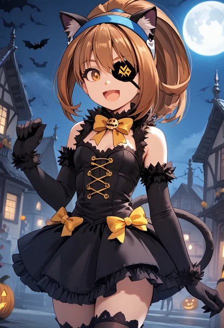 score_4,score_5,score_6,score_7_up,score_8_up,score_9 ((masterpiece,best quality,ultra detailed,highres,HD,4k:1.2)),
1girl,solo,girl focus,solo focus,
Kohaku,brown hair, orange eyes, ponytail, sidelocks, hair band, blue hairband,
Halloween, Halloween costume, black cat costume, black cat tail, bare shoulders, black elbow gloves, sleeveless dress, ((yellow ribbon,yellow bow)),black dress, black knee-highs,((black eye patch)), happy,smile,open mouth,