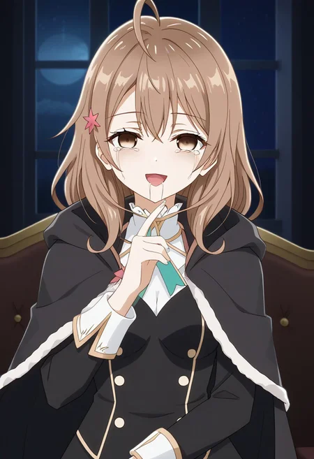 (masterpiece:1.2, best quality, highres, Anime art style) ,(saliva, crying face, empty eyes,tears drop, drug,smile mouth), multiple girls,maria mikhailovna kujou,maria mikhailovna kujou, medium hair, brown hair, ahoge, hair between eyes, hair ornament, brown eyes,(queen, royal gown, cape, regal, majestic, elegant, velvet, embroidered, ornate, elaborate, embellishments, crown, armchair, ojou-sama_pose, hand up, night, night sky, dark theme, dim lighting, dark background, dark room, backlighting, smile, open mouth, (arm under breasts:0.7))