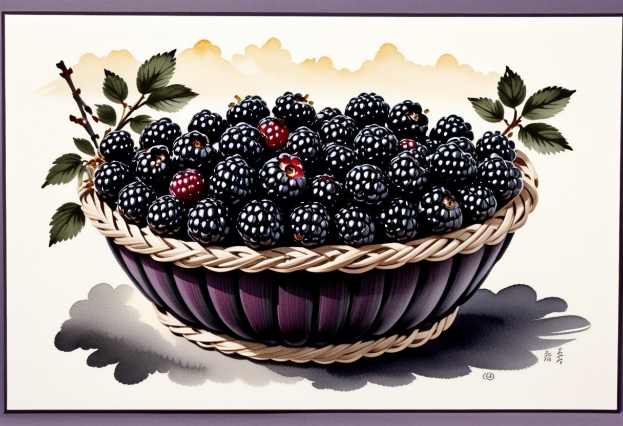 score_9, score_8_up,
blackberryworld, breathtaking sumi-e painting, sunny day painted, blackberry basket, dawn, heavy ink, tapered line ends, simple background, blackberry ornate border