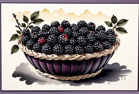 score_9, score_8_up,
blackberryworld, breathtaking sumi-e painting, sunny day painted, blackberry basket, dawn, heavy ink, tapered line ends, simple background, blackberry ornate border