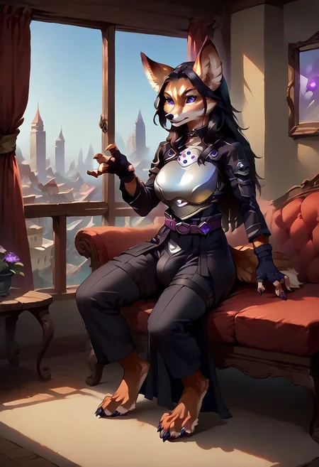 score_9, score_8_up, source_anime, source_furry, fullbody, 1futa, solo, mature female, curvy, (large breasts:1.5), (large bulge:1.1), (long hair:1.5), black hair, chestplate, chest armor, breastplate, breast armor, black outfit, long sleeve, fingerless glove, kirito, long hair, purple eyes, collar, long pants, waistband, belt, skirt, purple gem on belt, croptop, wcvulpera, claws, tail, animal ears, body fur, brown fur, furry female, snout, thick paws, sitting, on couch, room, window, curtains, cityscape, blue sky
