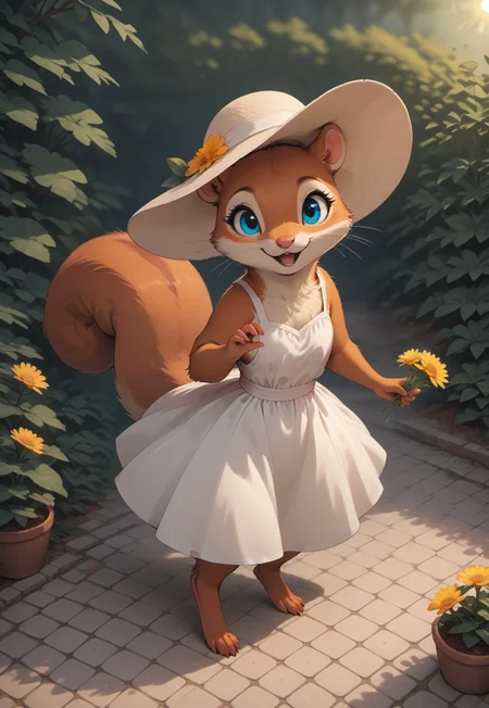 score_9, score_8_up, score_7_up, score_6_up, score_5_up, score_4_up, (((squirrel))), solo, (cute, feral:1.2), female, red fur, blue eyes, sun dress, sun hat, holding flower, garden, flowers, summer, (from above), (dutch angle:1.3), (dynamic pose), looking at viewer, open mouth,
