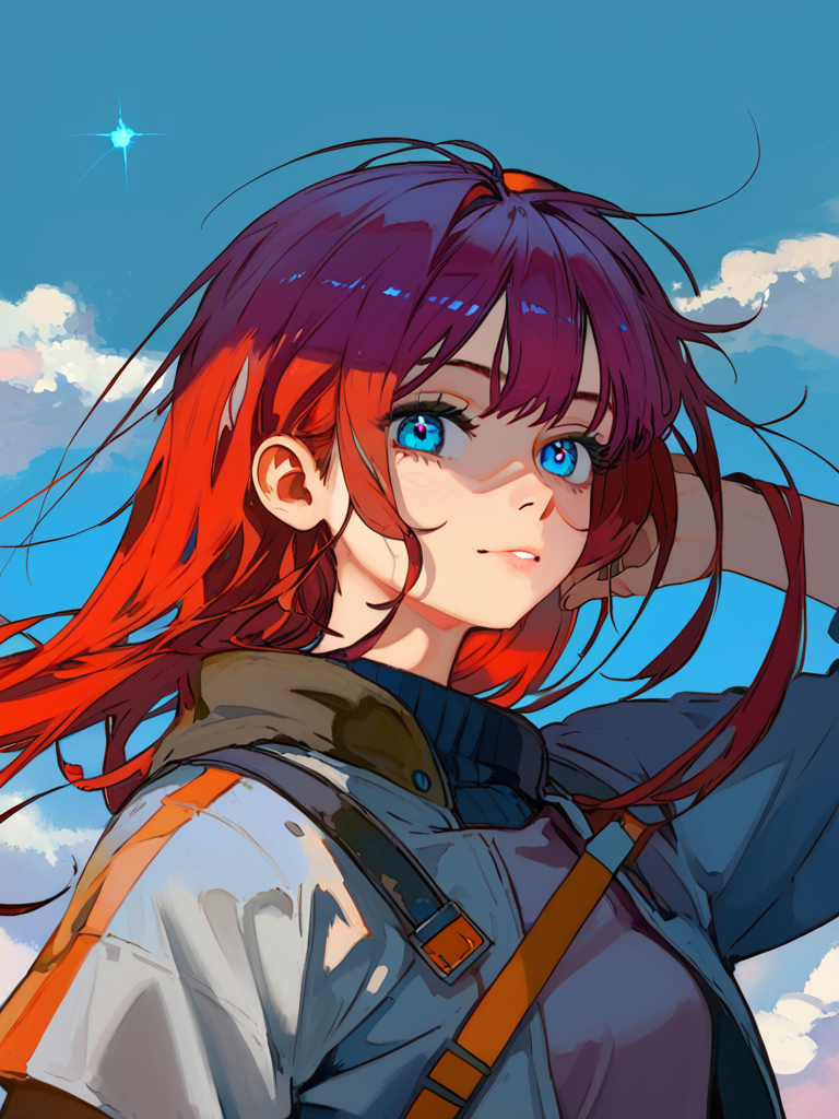 PDXL, <lora:KukkaV2:1>, kukk4, volumetric reflections, volumetric shadows, HDR, shot on Canon DSLR,
1girl, cute face, detailed eyes, long red hair, blue eyes, upper body BREAK galaxy in the background, clouds