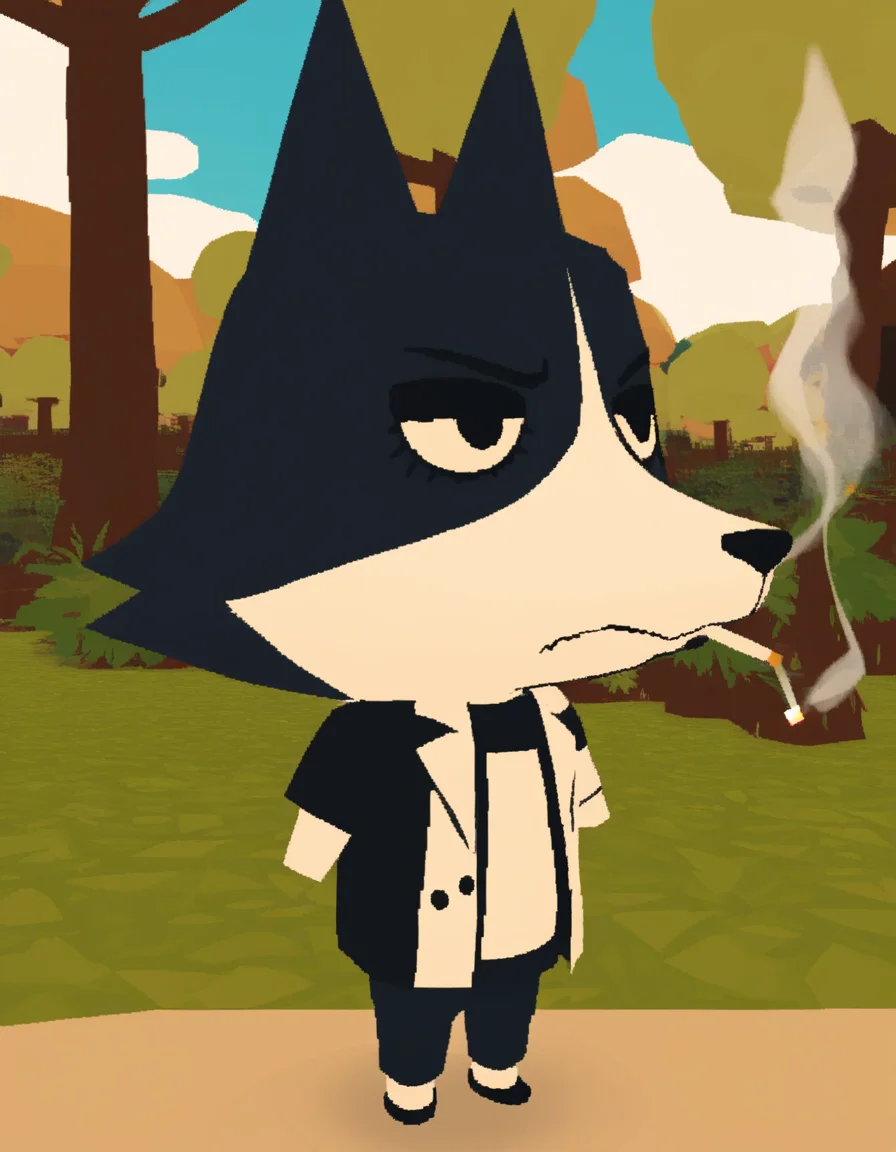 <lora:WebfishingTest2:1>, score_9, score_8_up, score_7_up, score_6_up, score_5_up, BREAK
Webfishing, anthro, lowpoly, screenshot, 1boy, male focus, wolf, black fur, white fur, countershading, multicolored body, cigarette, smoking, standing, forest background, black T-shirt, lab coat,