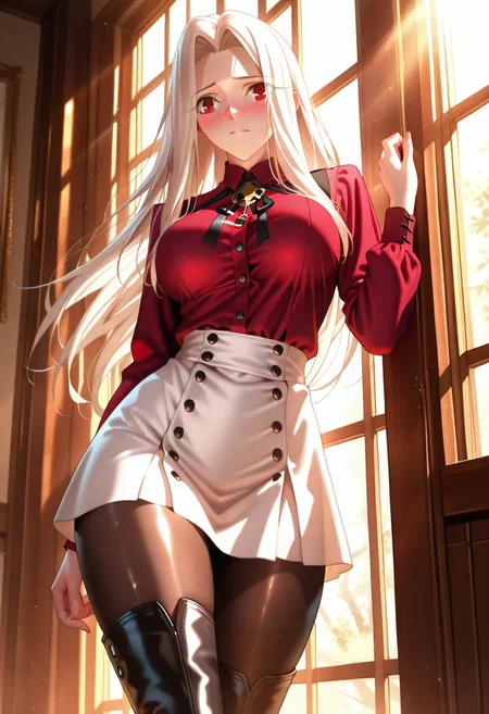 masterpiece, absurdres, newest, best quality, perfect quality,highres,4k, bright sunlight, aun rays, light rays, <lora:Irisviel von Einzbern - [FATE] - illustriousXL v1:1>, sysdeep_irisviel, white hair, red eyes, solo, living room, ,leather boots,long hair, red shirt, dress shirt, white skirt, black , (shiny tights:1.1)skirt, ((shapely,thick thighs, Large breasts, shapely hips)),(leaning out a window), breasts Focus, thigh focus,close up,sysdeep_irisviel, Expressiveh, sexual attraction, shy look, blush, (looking  at viewer:1.2), face focus ,Smooth Quality