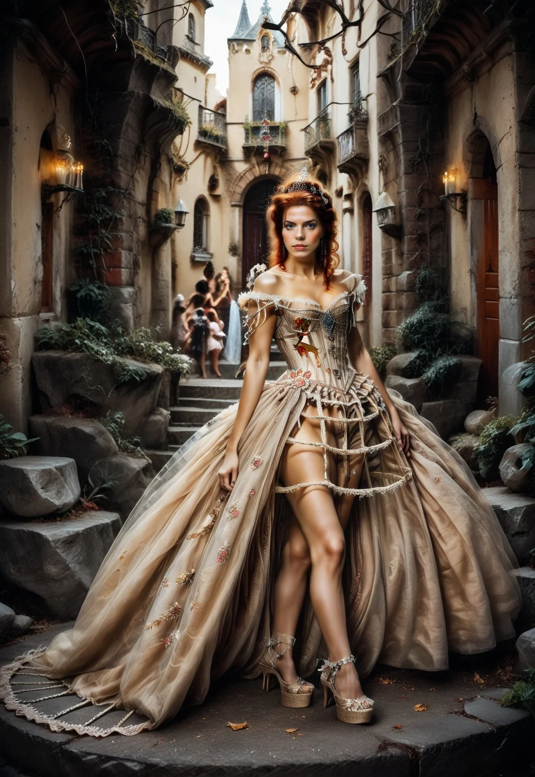 score_9, score_8_up, score_7_up, rating_safe, Fixhand,
concept art, realistic, dark theme, low light, dvr-gs.
1girl, solo.
Ginger hair, Blue eyes. ((Long legs:1.5))
CrinolineDress. ((CageSkirt:1.8)),