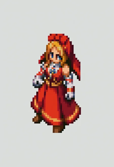 score_9, score_8_up, score_7_up, source_anime, BREAK, solo, 1girl, <lora:FFT-SpritesV2-pdxl_Fp:1>, looking at viewer, straight-on, full body, standing, solid oval eyes, no mouth, no nose, pixel art, from side, <lora:Idun-pdxl-DoRA_Fp:1>, idunnsmt, short hair, blonde hair, blue eyes, veil, red bow, red dress, vest, white gloves, elbow gloves, bare shoulders, brooch,